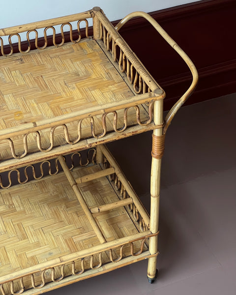 Vintage rattan trolley/table with wheels