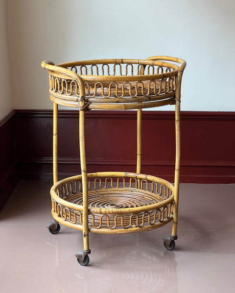 Vintage rattan trolley/table with wheels