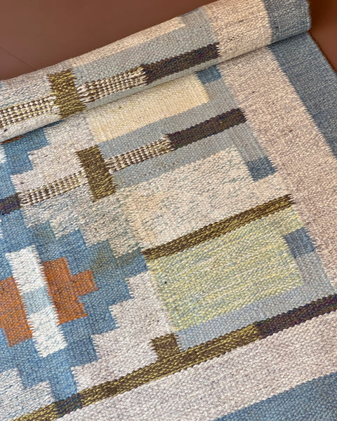 Vintage blue flat weave rug by Karin Jönsson (JK)