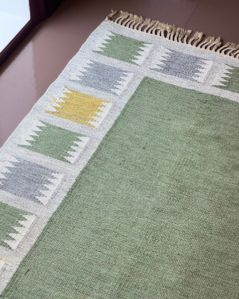 Vintage green/multi-coloured flat weave rug by Birgitta Södergren (BS)