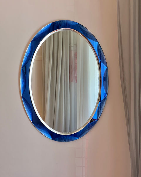 Vintage Italian mirror with blue faceted mirror frame