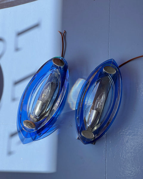 Vintage blue/clear pair of glass wall lamps
