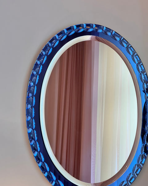 Vintage Italian mirror with blue faceted mirror frame