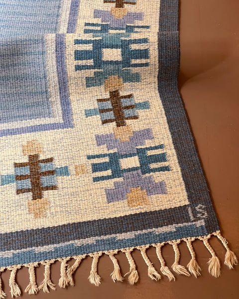 Vintage blue flat weave rug by Ingegerd Silow (IS)