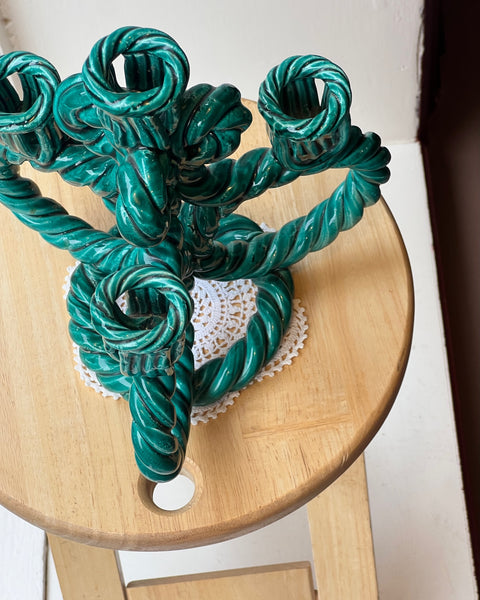 Vintage green twisted ceramic candle holder