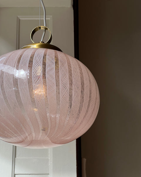 Vintage oval pink/clear Murano latticino ceiling lamp (D35)