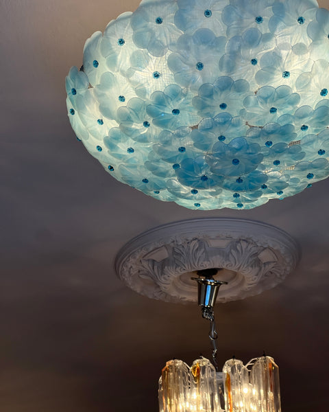 Large vintage blue Murano flower ceiling/wall lamp (D60)