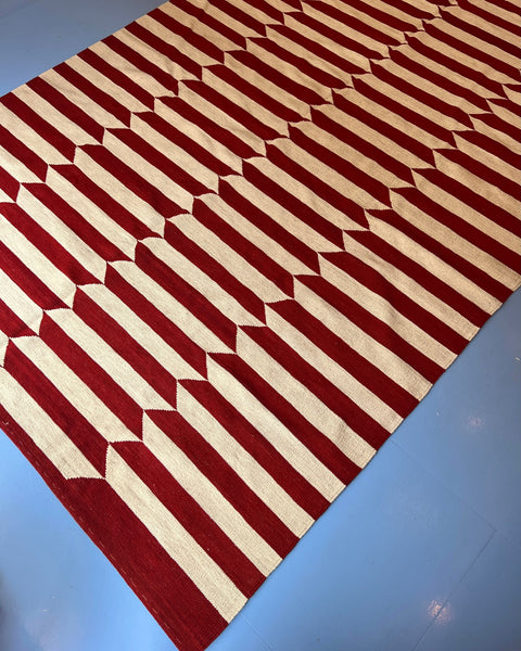 Large vintage deep red / white kilim rug