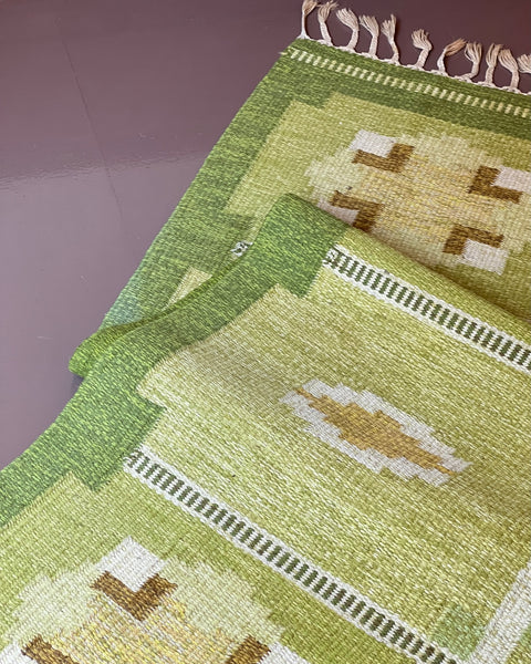 Vintage green flat weave rug by Ingegerd Silow (IS)