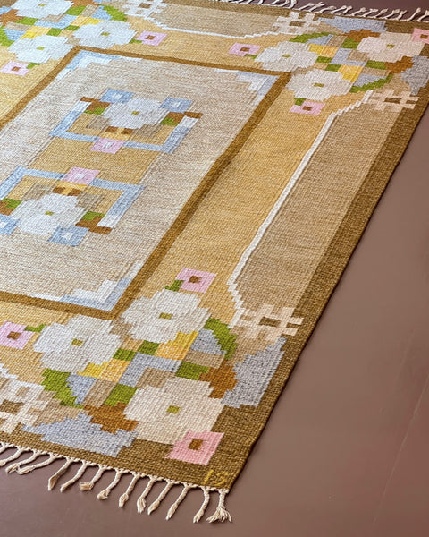 Vintage brown muli-coloured flat weave rug by Ingegerd Silow (IS)
