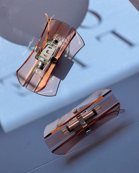 Vintage pink/clear pair of wall lamps