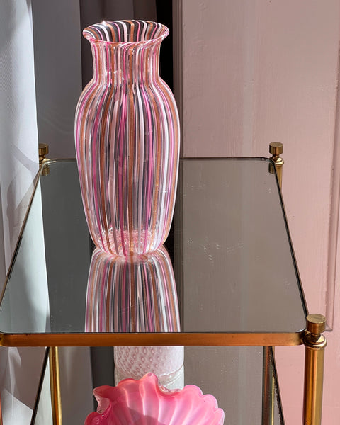 Vintage pink Murano vase with vertical stripes