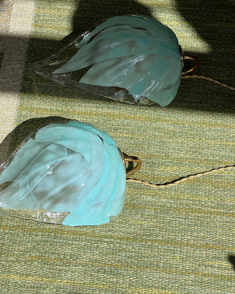 Pair of large vintage blue Murano leaf wall lamps (Sold as a pair)