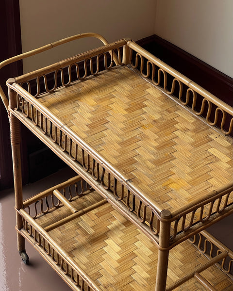 Vintage rattan trolley/table with wheels