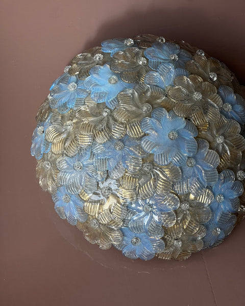 Vintage clear/golden/opal blue Murano flower ceiling/wall lamp (D35)
