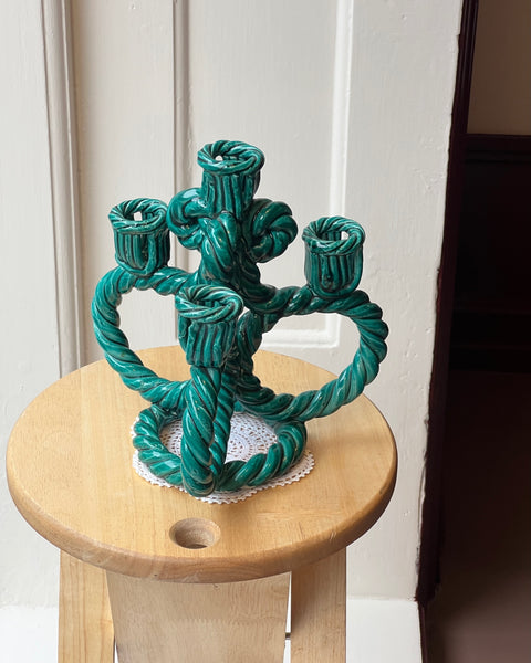 Vintage green twisted ceramic candle holder