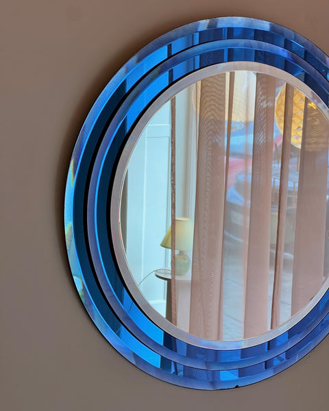 Round vintage Italian mirror with blue frame