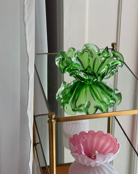 Vintage green Murano bowl with ruffled edges