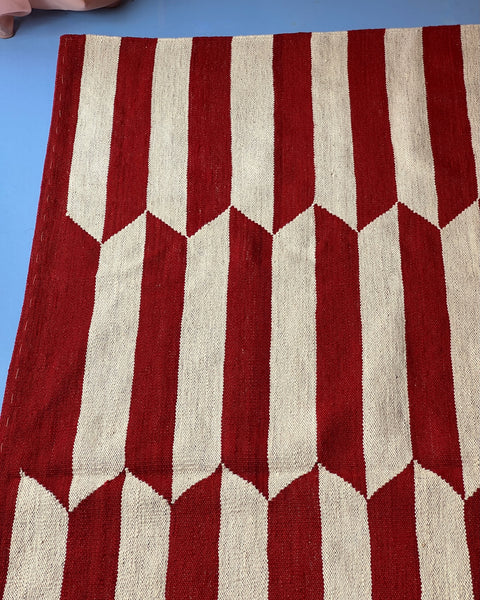 Large vintage deep red / white kilim rug
