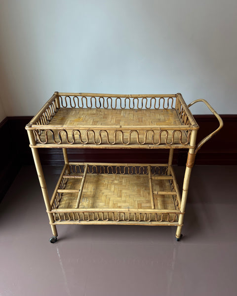 Vintage rattan trolley/table with wheels