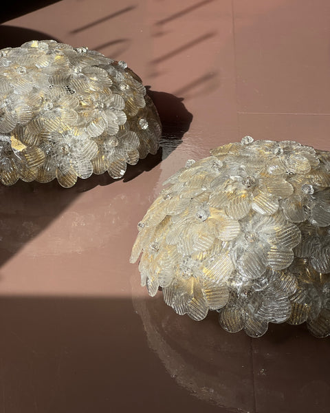 Vintage clear/golden Murano flower ceiling/wall lamp (D26) - (2 available)