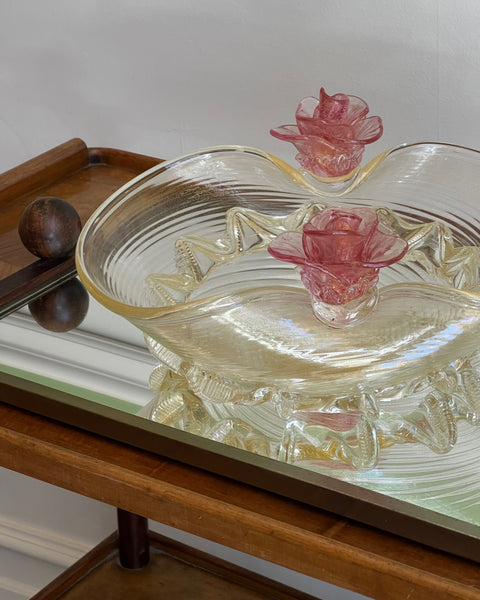 Vintage golden Murano bowl with pink flowers