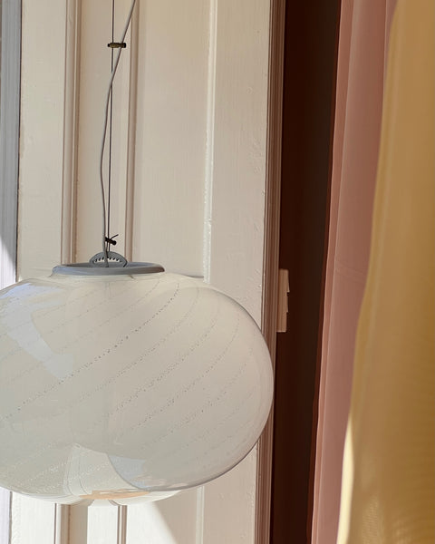 Large vintage oval silver/white swirl Murano ceiling lamp (D50)