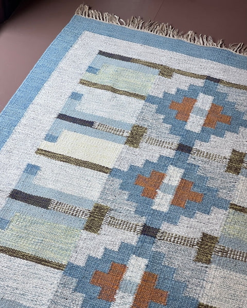 Vintage blue flat weave rug by Karin Jönsson (JK)