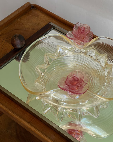 Vintage golden Murano bowl with pink flowers
