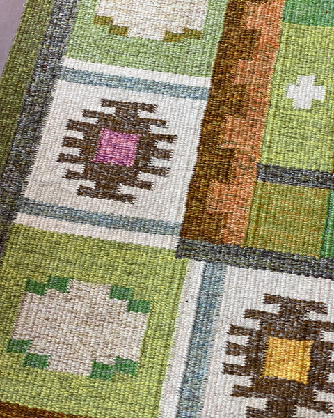 Vintage green flat weave rug by Ingegerd Silow (IS)