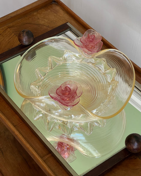 Vintage golden Murano bowl with pink flowers