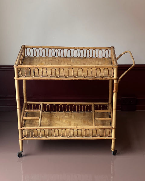 Vintage rattan trolley/table with wheels