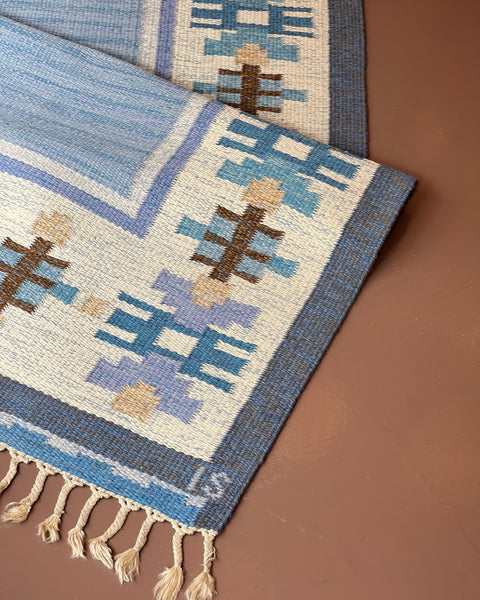 Vintage blue flat weave rug by Ingegerd Silow (IS)