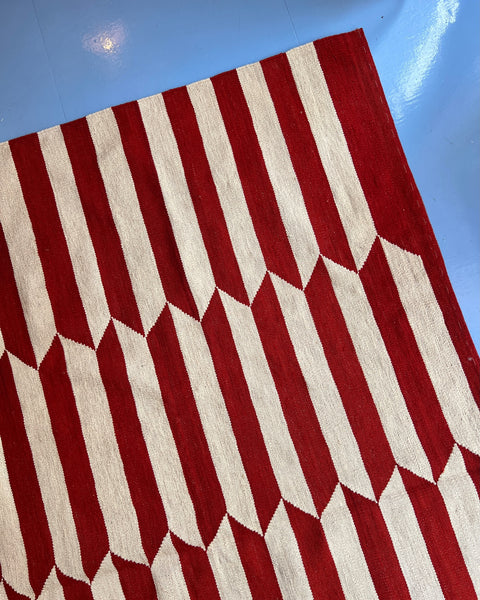 Large vintage deep red / white kilim rug