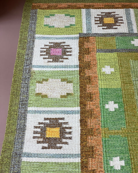 Vintage green flat weave rug by Ingegerd Silow (IS)
