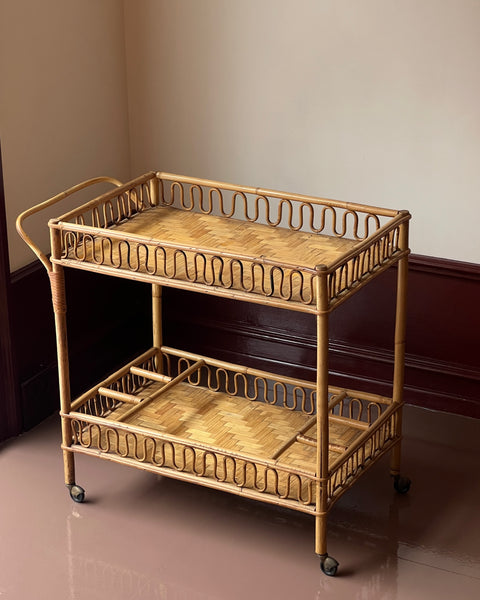 Vintage rattan trolley/table with wheels