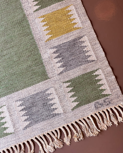 Vintage green/multi-coloured flat weave rug by Birgitta Södergren (BS)