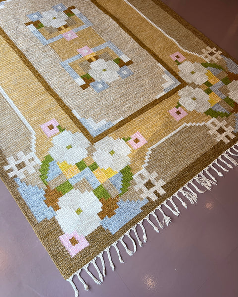 Vintage brown muli-coloured flat weave rug by Ingegerd Silow (IS)