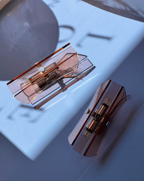 Vintage pink/clear pair of wall lamps