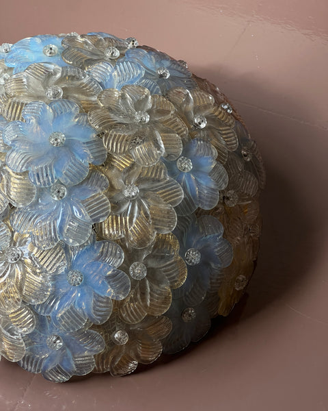 Vintage clear/golden/opal blue Murano flower ceiling/wall lamp (D35)