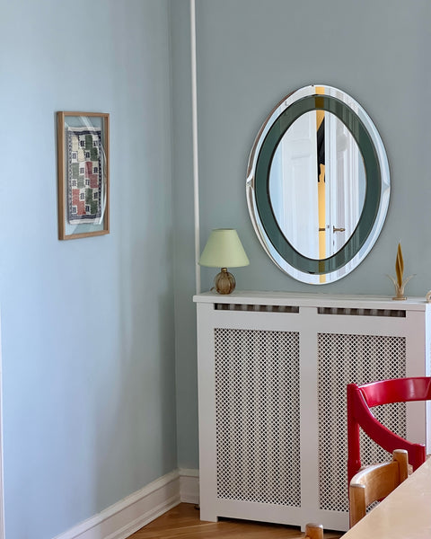 Vintage oval Italian mirror with green and facetted mirror frame