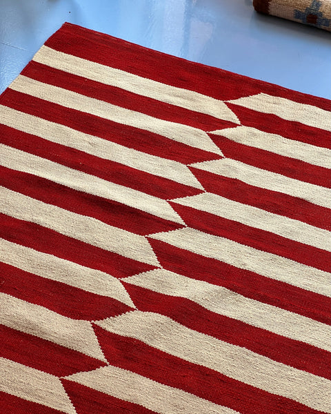 Large vintage deep red / white kilim rug