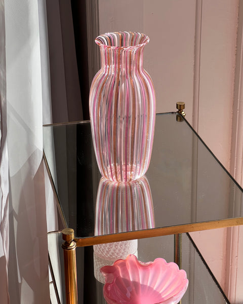 Vintage pink Murano vase with vertical stripes