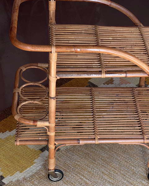 Vintage rattan trolley/table with wheels