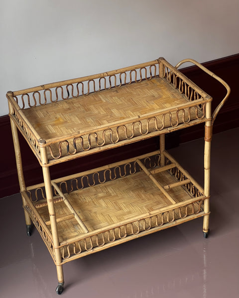 Vintage rattan trolley/table with wheels