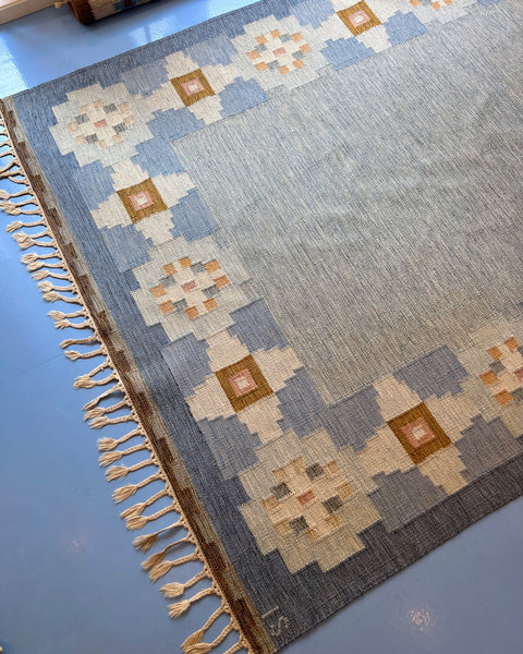 Vintage blue flat weave rug by Ingegerd Silow (IS)