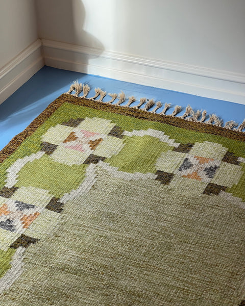 Vintage green flat weave rug by Ingegerd Silow (IS)