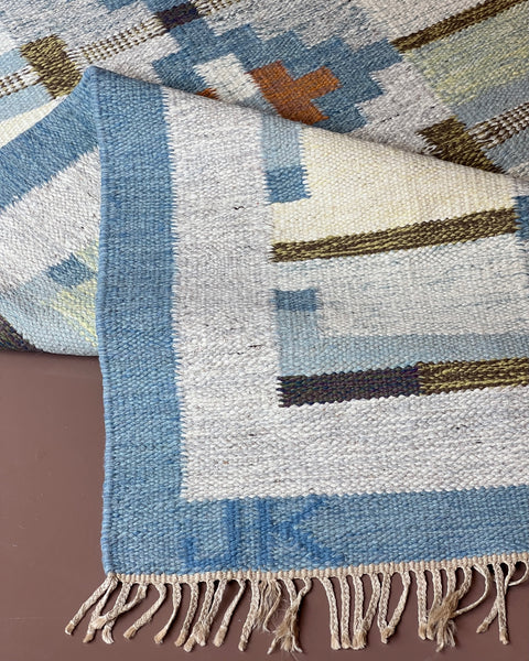 Vintage blue flat weave rug by Karin Jönsson (JK)