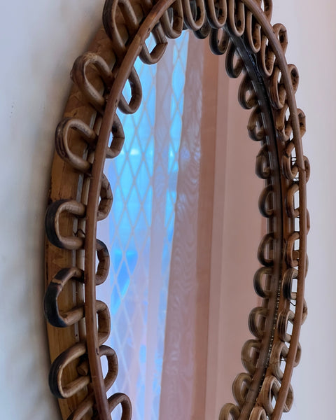 Vintage Italian mirror with round rattan frame