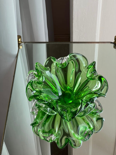 Vintage green Murano bowl with ruffled edges